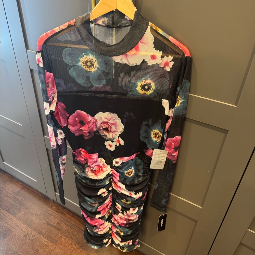 bebe Black and Pink Floral Long Sleeve Dress